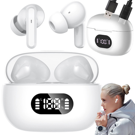 Bezdrátová sluchátka do uší bluetooth s nabíjecím pouzdrem s led diodami a mikrofonem
