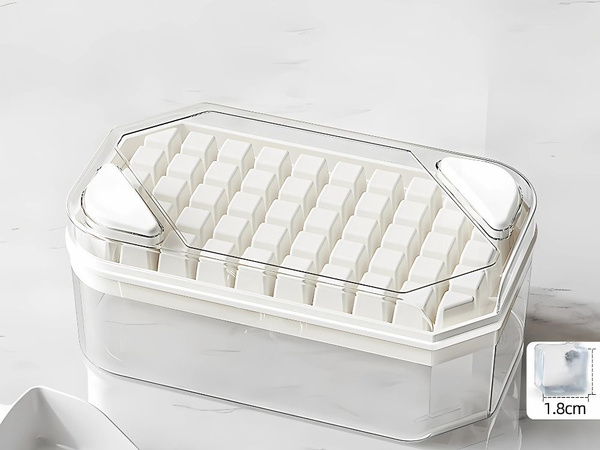 Ice cube tray for 50 cubes with container, buttons and scoop