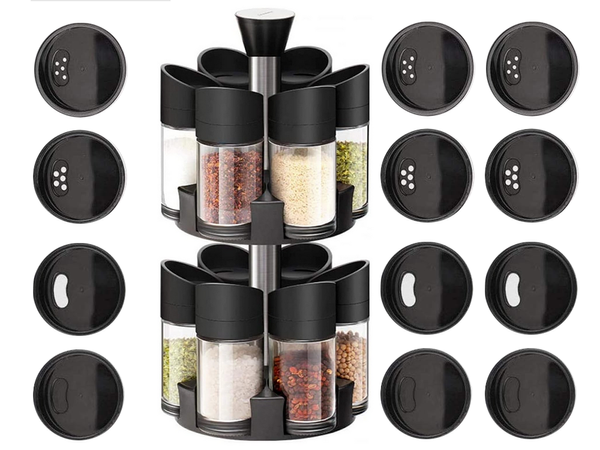 Rotating spice organiser, 12 glass containers, salt shaker