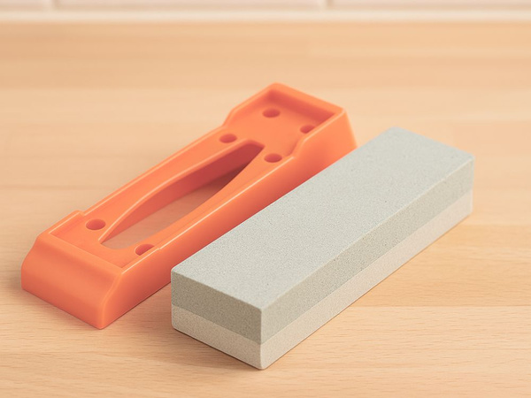 Akmeninis peilių ir žirklės galandiklis, dvipusis, stačiakampis, ant pagrindos