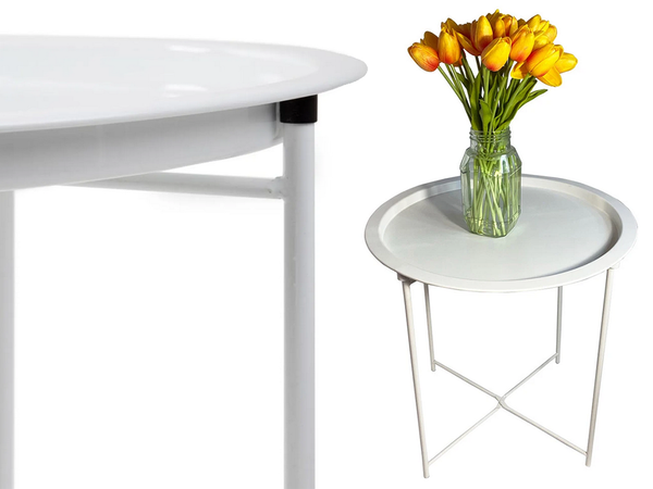 Mesa de centro redonda plegable de metal con bandeja para balcón terraza loft blanco