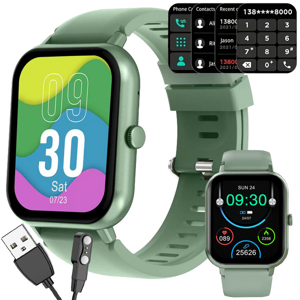 Montre connectée pour femme et homme, bracelet en caoutchouc, sport, Bluetooth, appels, vert