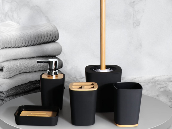 Set de baño cepillo de baño wc dispensador de jabón cestilla de bambú 5