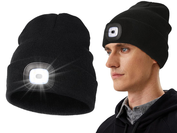 CZAPKA ZIMOWA JESIENNA Z LATARKĄ LAMPKĄ LED CZARNA USB 3 TRYBY ŚWIECENIA