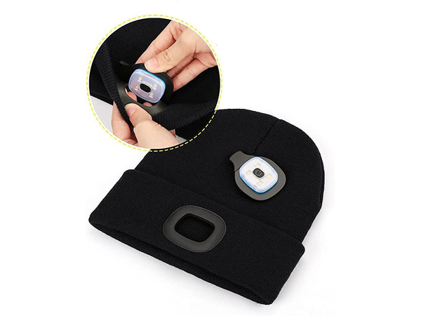 GORRO OTOÑO INVIERNO CON LINTERNA LED NEGRO USB 3 MODOS DE LUZ