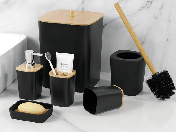 Badezimmer-set badezimmerbürste wc seifenspender abfallkorb bambus 5