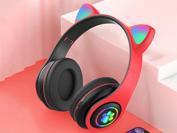 Belaidės ausinės "bluetooth" radijo fm mp3 katės ausys led apšvietimas