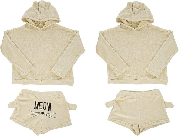 Pyjama deux pièces avec capuche pour femmes, doux et pelucheux, short m