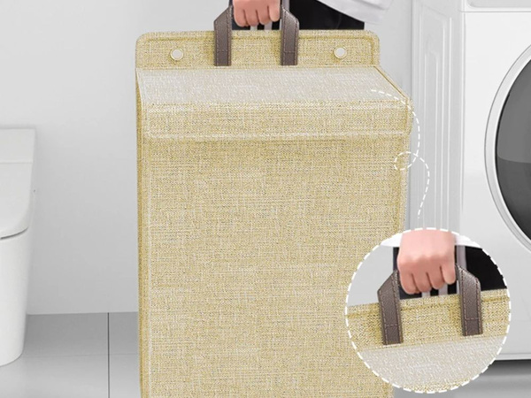 Folding laundry basket for bathroom laundry room wall door beige