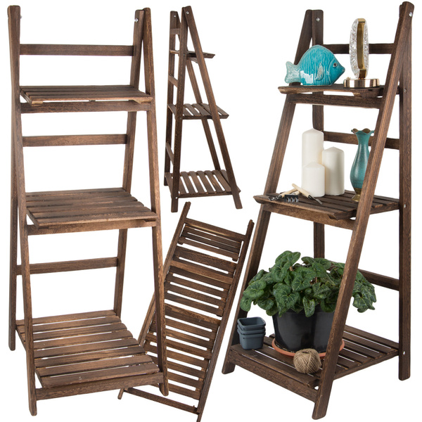 Wooden standing flower bed ladder three shelves plant shelf
