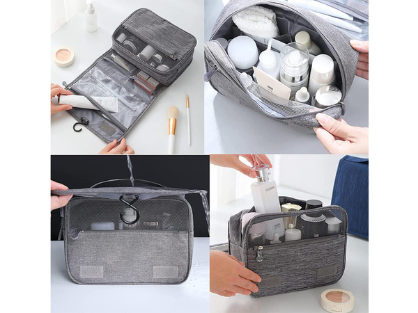 Travel cosmetics bag, hanging organiser for the bathroom, with zip, hook and handle