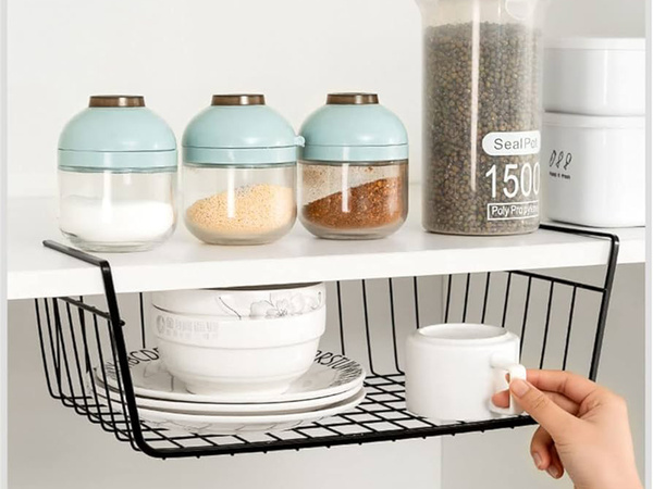 Hanging basket under shelf metal basket organiser kitchen basket white