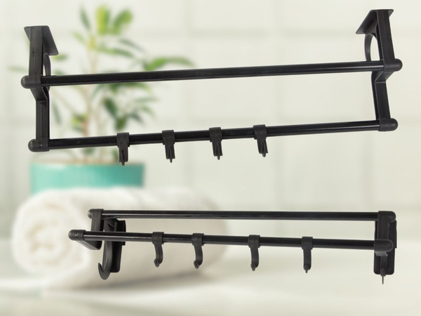 Colgador de baño negro para toallas y accesorios 40cm sin taladrar 4 ganchos