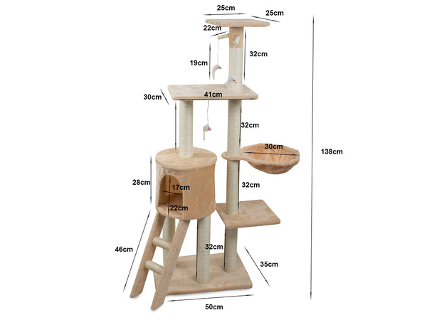 Kaķu koka tornis kaķu skrāpēšanas postenis 138cm