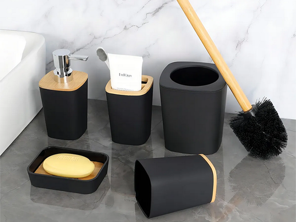 Badezimmer-set badezimmerbürste wc seifenspender abfallkorb bambus 5