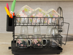 Two-level dish dryer for plates, cutlery and cups with drip tray