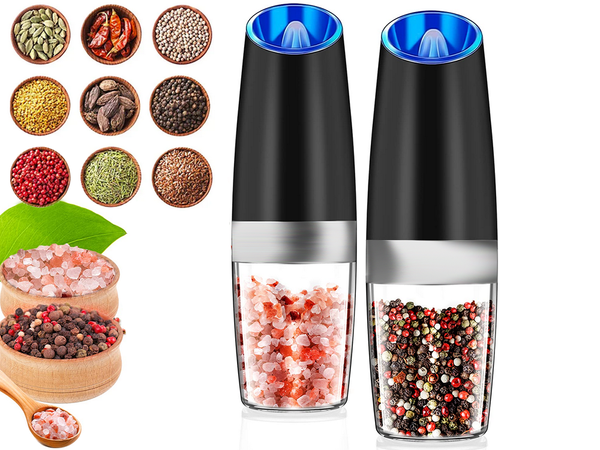 Electric gravity pepper and salt mill with lighting and adjustment