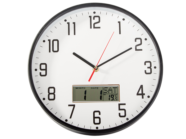 Horloge murale grand silencieux 30cm aiguille ronde date température bois