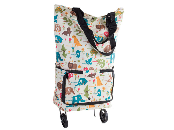 Shopping bag trolley with shoulder wheels foldable