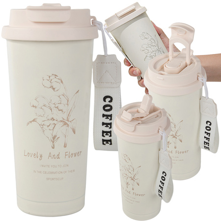 Tasse thermique 530 ml avec paille et poignée en acier, thermos pour boissons chaudes et froides