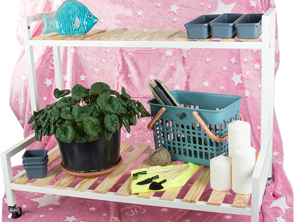 Wooden flowerbed for potted flowers two-storey shelf on wheels terrace
