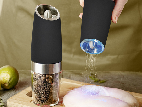 Electric gravity pepper and salt mill with lighting and adjustment