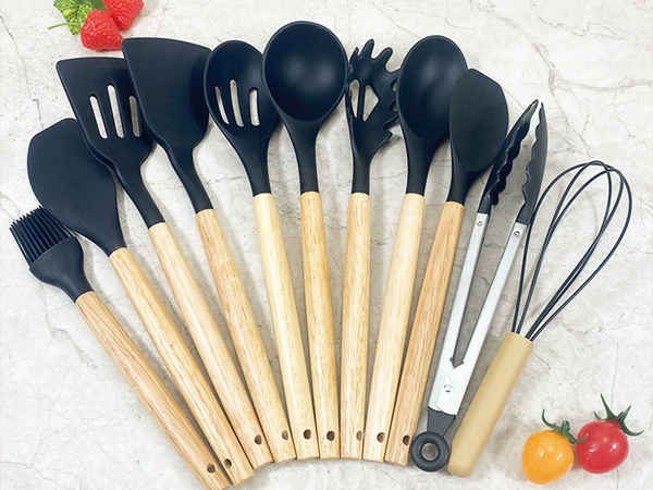 Juego de utensilios de cocina de silicona y madera accesorios cucharas 12 piezas