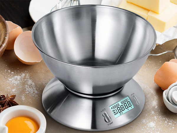 Electronic kitchen scale digital with bowl 5kg lcd silver metal