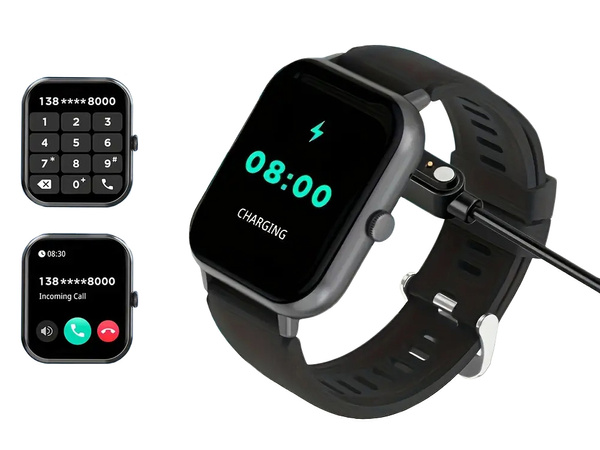 Montre connectée pour femme et homme, bracelet en caoutchouc, sport, Bluetooth, appels, noir