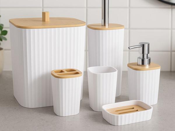 Bathroom set toilet brush dispenser bamboo bin 6 pieces