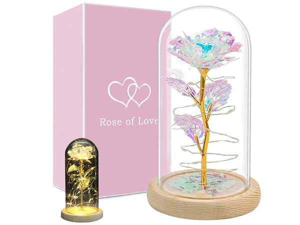 Everlasting rose in glass gift led luminous box glass wooden base.