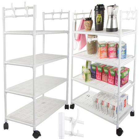 Bathroom shelf kitchen cabinet mobile shelving unit on wheels 4 levels hooks