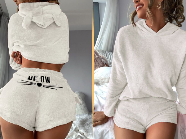Pyjama deux pièces avec capuche pour femmes, doux et pelucheux, short m