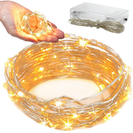 Vieliniai žibintai 100 led lempučių su baterijomis 10m baltos spalvos šiltas