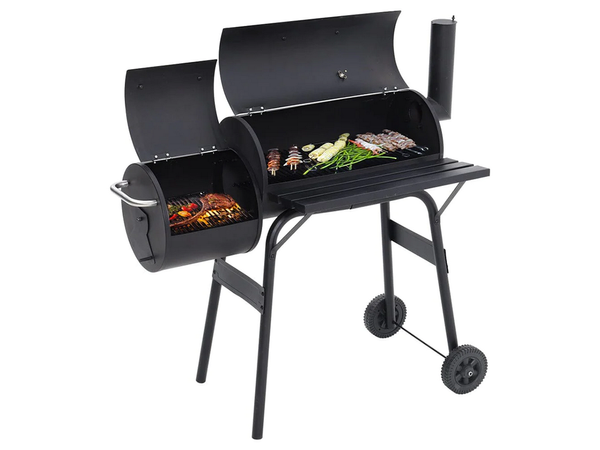 Dārza grils liela kokogļu muca bbq kūpinātājs ar vāku režģa plaukta riteņiem