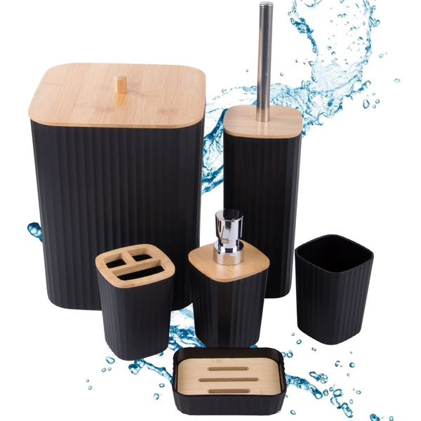Bathroom set toilet brush dispenser bamboo bin 6 pieces