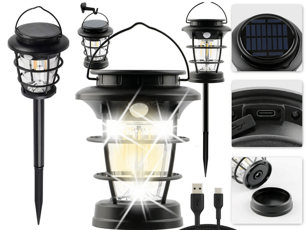 Lanterne de camping solaire lanterne de jardin led usb détecteur de mouvement au crépuscule