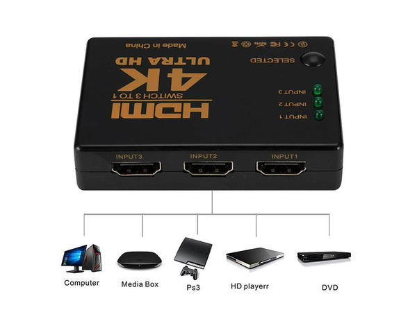 Switch splitter 3x a 1 hdmi 4k uhd control remoto ir