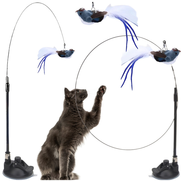 Cat rod interactive toy with suction cup movable birdie