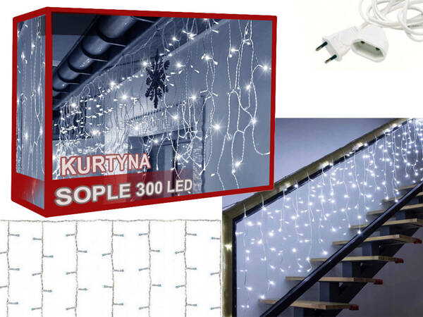 Kurtyna świetlna 300 led biała zimna 10m łączona lampki choinkowe girlanda