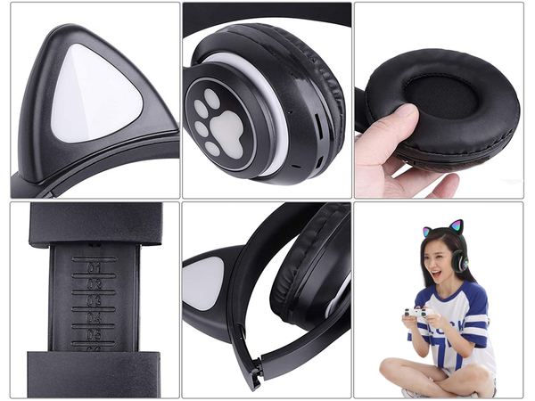 Auriculares inalambricos bluetooth radio fm mp3 orejas de gato retroiluminacion led