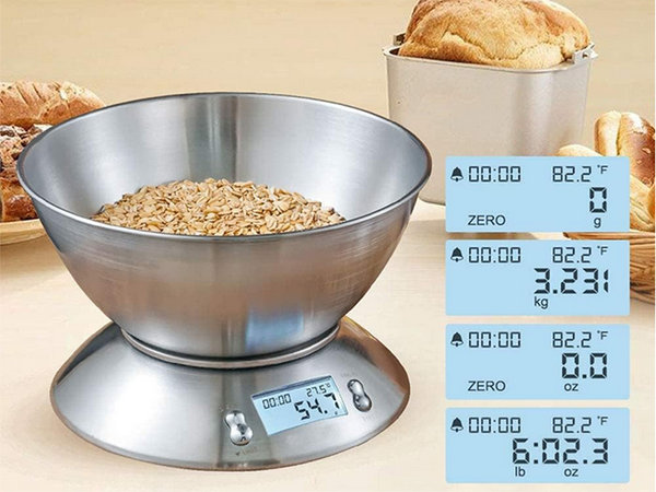 Balanza de cocina electrónica digital con bol 5kg lcd metal plateado