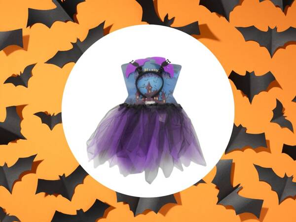 Disfraz de halloween falda murciélago diadema negro y morado